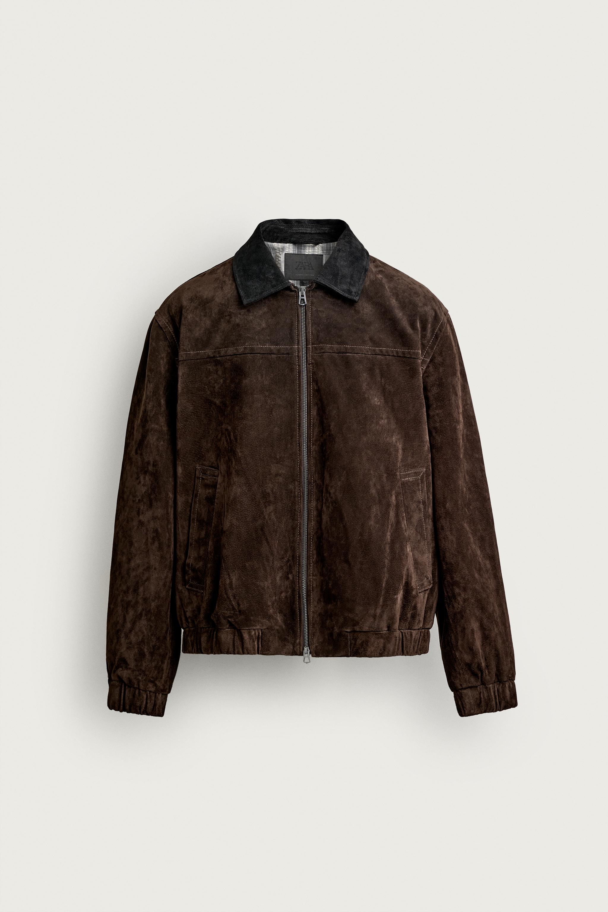BLOUSON EN CUIR ET DAIM À COL CONTRASTE